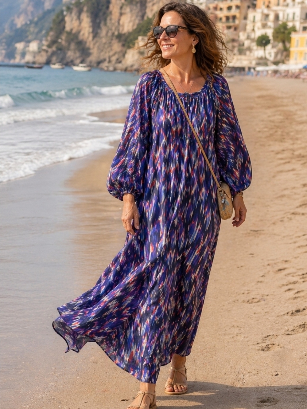 Tommy Bahama Large Ikat Print Maxi Dress Long Ballon Sleeve Flowy Coastal